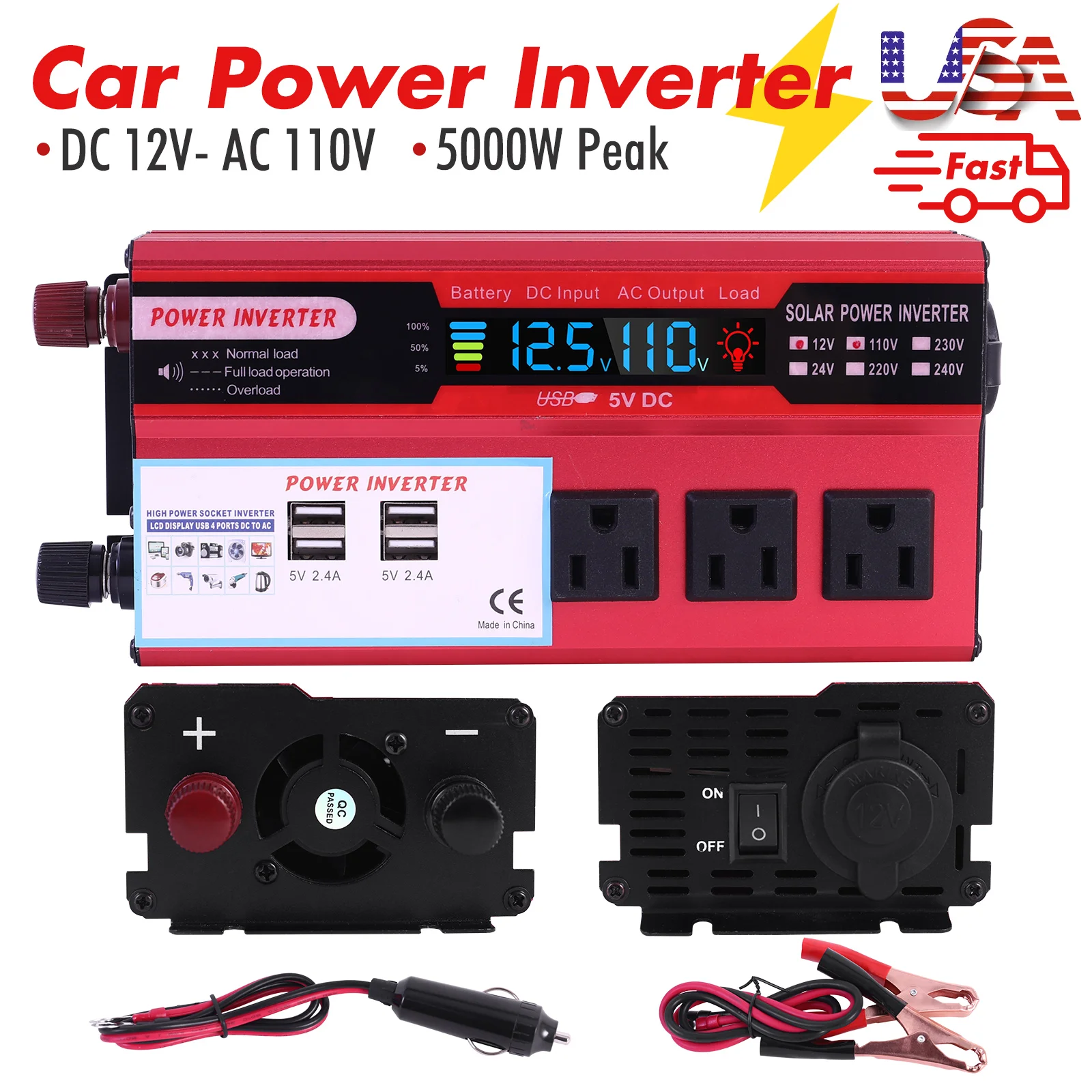 5000W Car Converter Power Inverter DC 12V To AC 110V Converter LCD 4 USB Ports and 110V AC Outlet Cigarette Lighter Battery