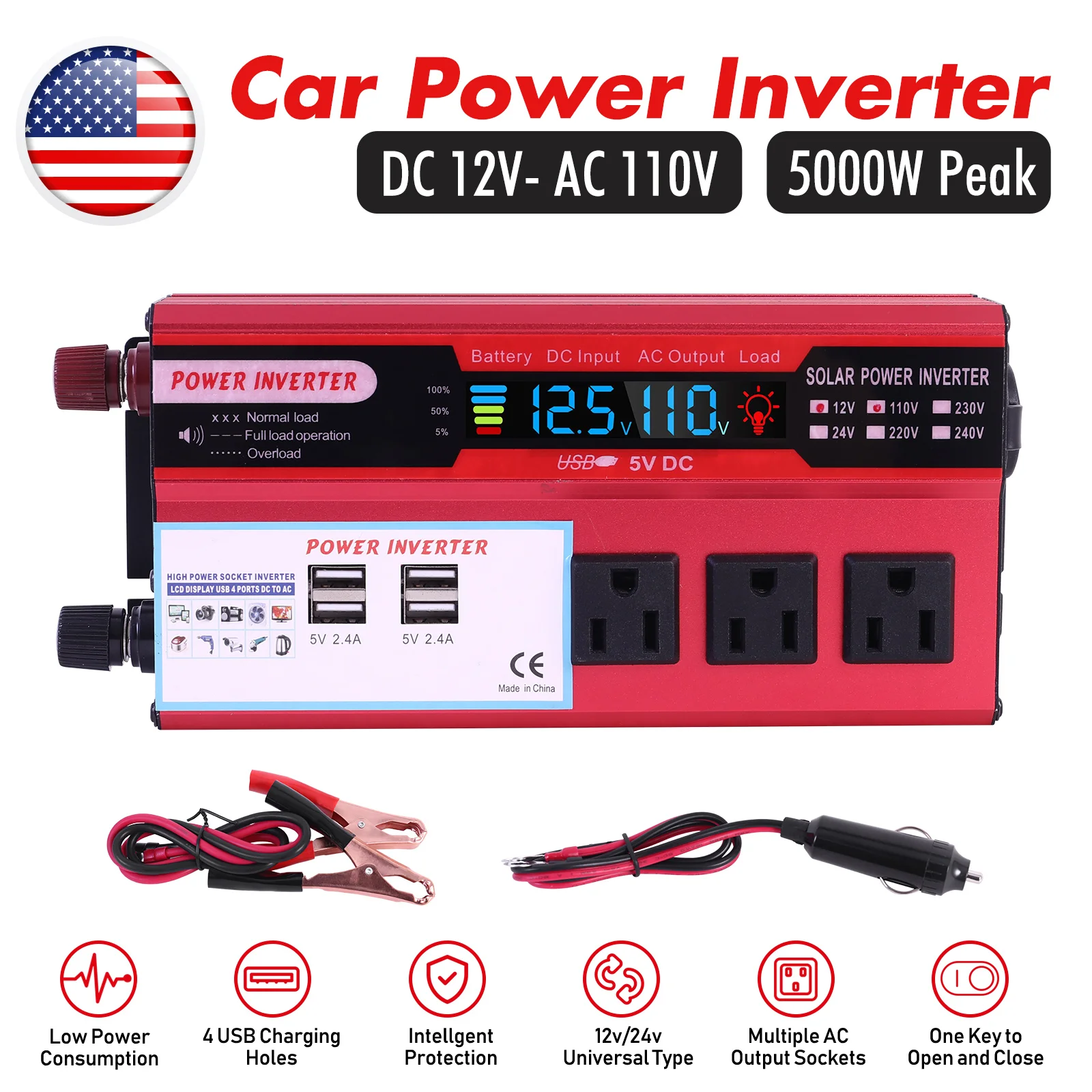 5000W Car Converter Power Inverter DC 12V To AC 110V Converter LCD 4 USB Ports and 110V AC Outlet Cigarette Lighter Battery
