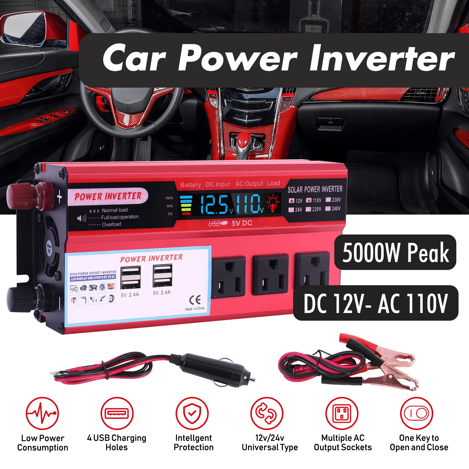 5000W Car Converter Power Inverter DC 12V To AC 110V Converter LCD 4 USB Ports and 110V AC Outlet Cigarette Lighter Battery
