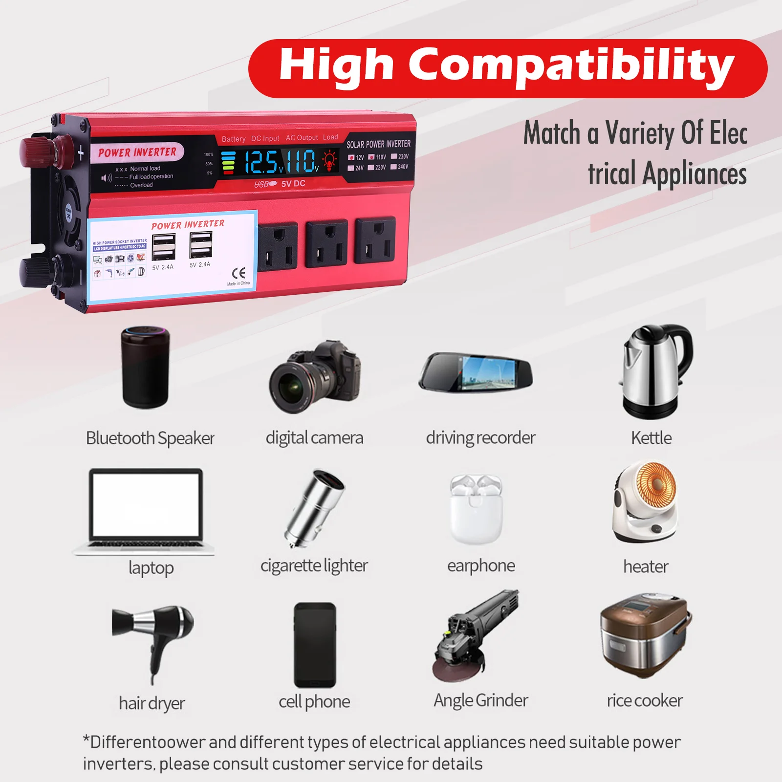 5000W Car Converter Power Inverter DC 12V To AC 110V Converter LCD 4 USB Ports and 110V AC Outlet Cigarette Lighter Battery