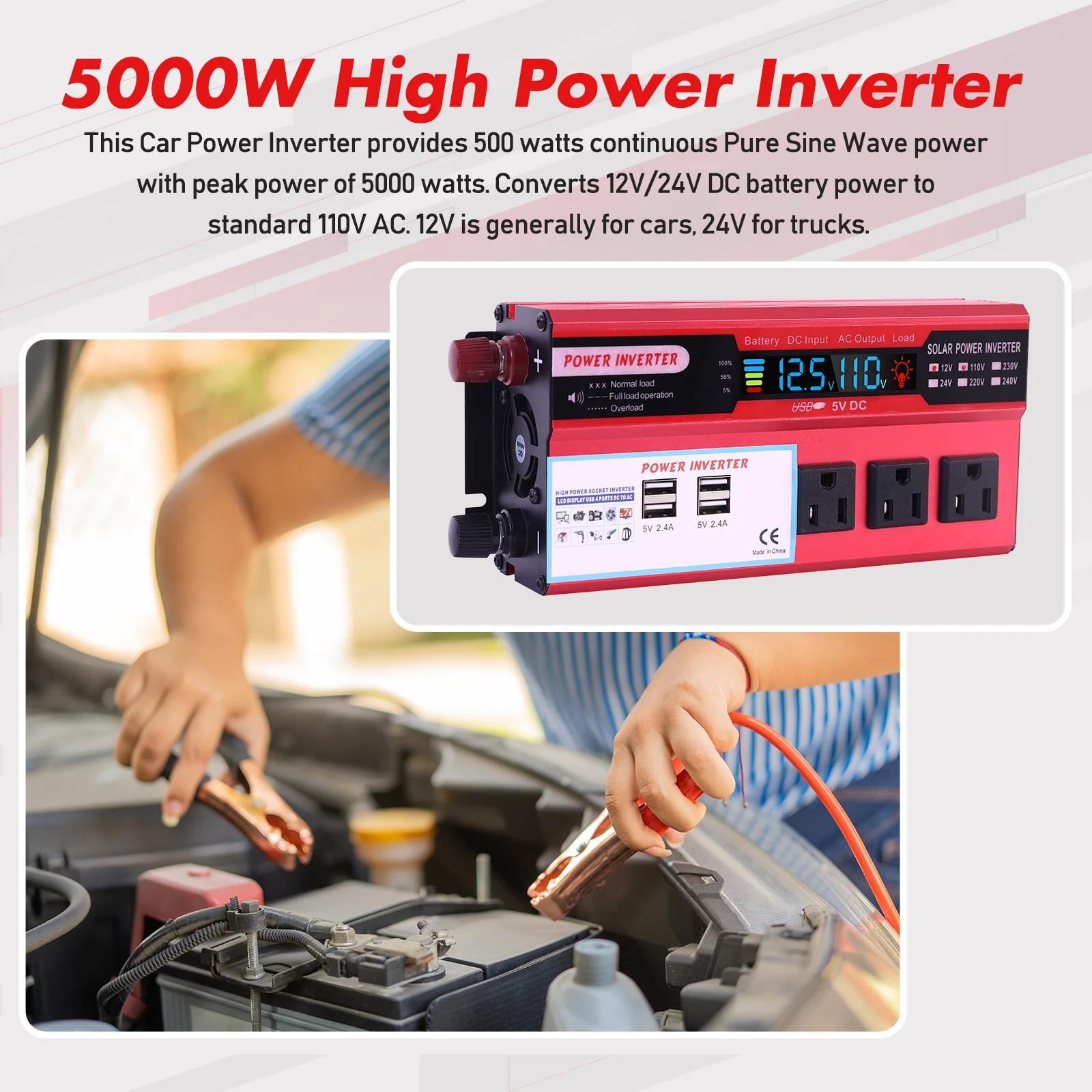5000W Car Converter Power Inverter DC 12V To AC 110V Converter LCD 4 USB Ports and 110V AC Outlet Cigarette Lighter Battery