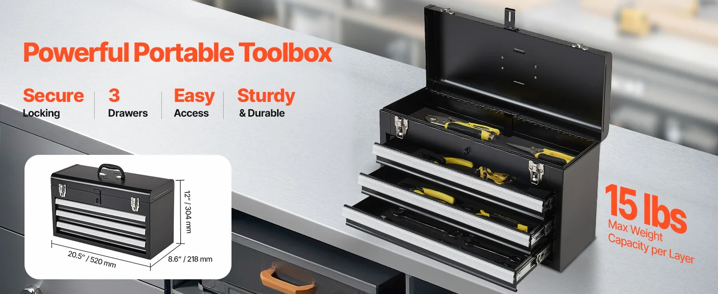 SucceBuy 20in 3-Drawer Metal Tool Box Black/Red Tool Chest with EVA Liners Multifunction Tool Organizer for Garage & Workshop