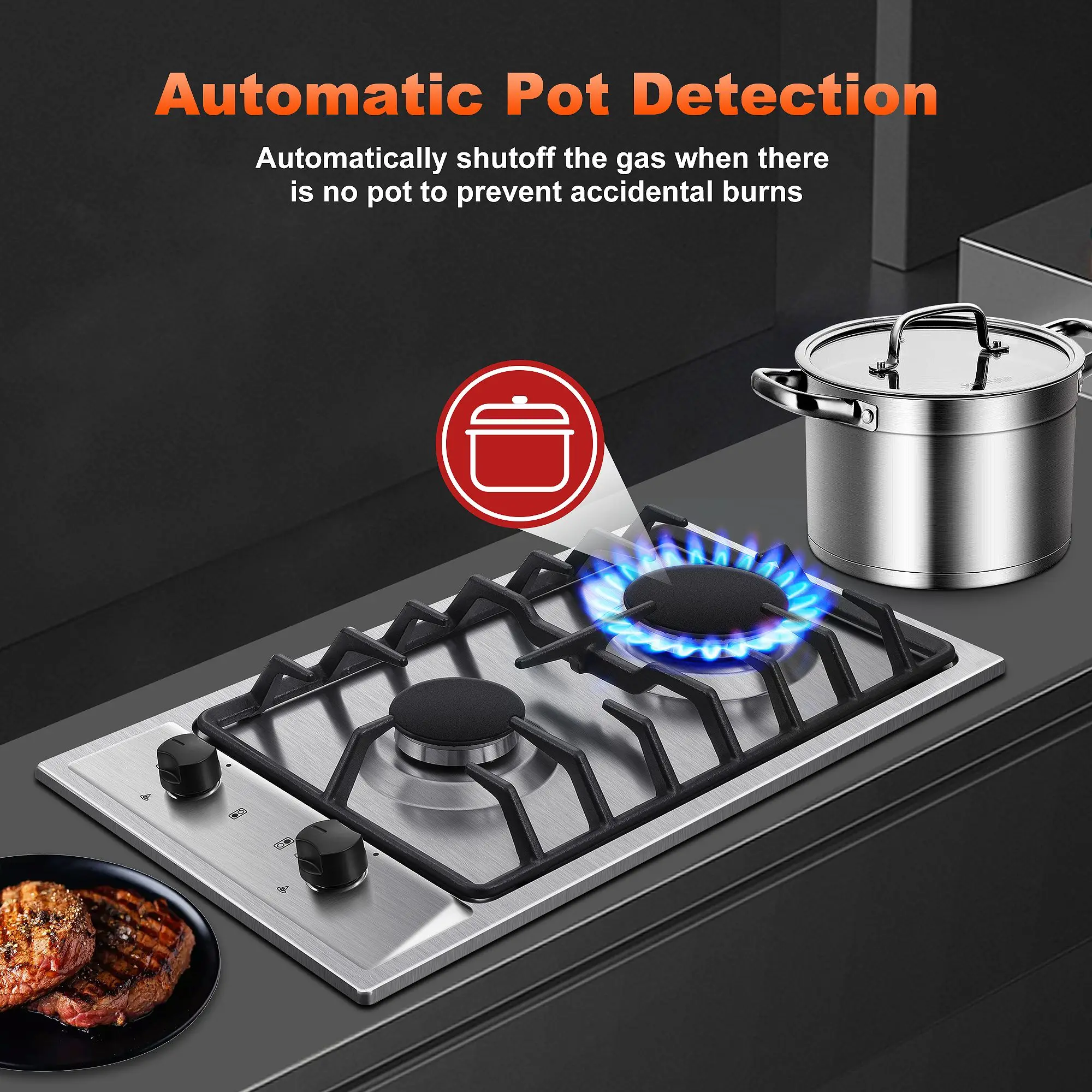 12 Inch 2-Burner Dual Fuel NG/LPG Gas Stove | Built-in for RV, Camping & Kitchen | Thermocouple Protection | Stainless Steel