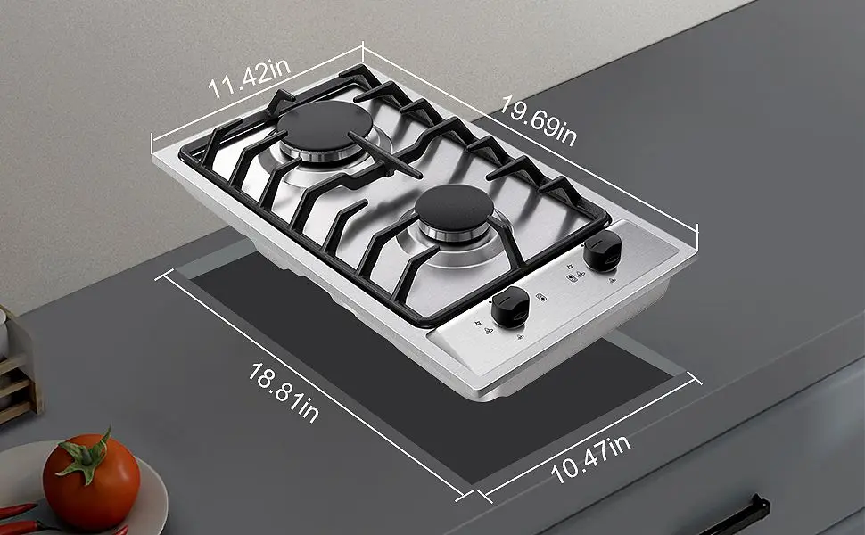 12 Inch 2-Burner Dual Fuel NG/LPG Gas Stove | Built-in for RV, Camping & Kitchen | Thermocouple Protection | Stainless Steel
