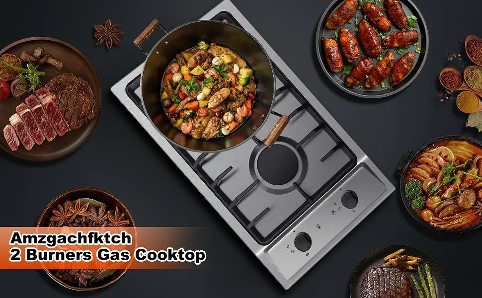 12 Inch 2-Burner Dual Fuel NG/LPG Gas Stove | Built-in for RV, Camping & Kitchen | Thermocouple Protection | Stainless Steel