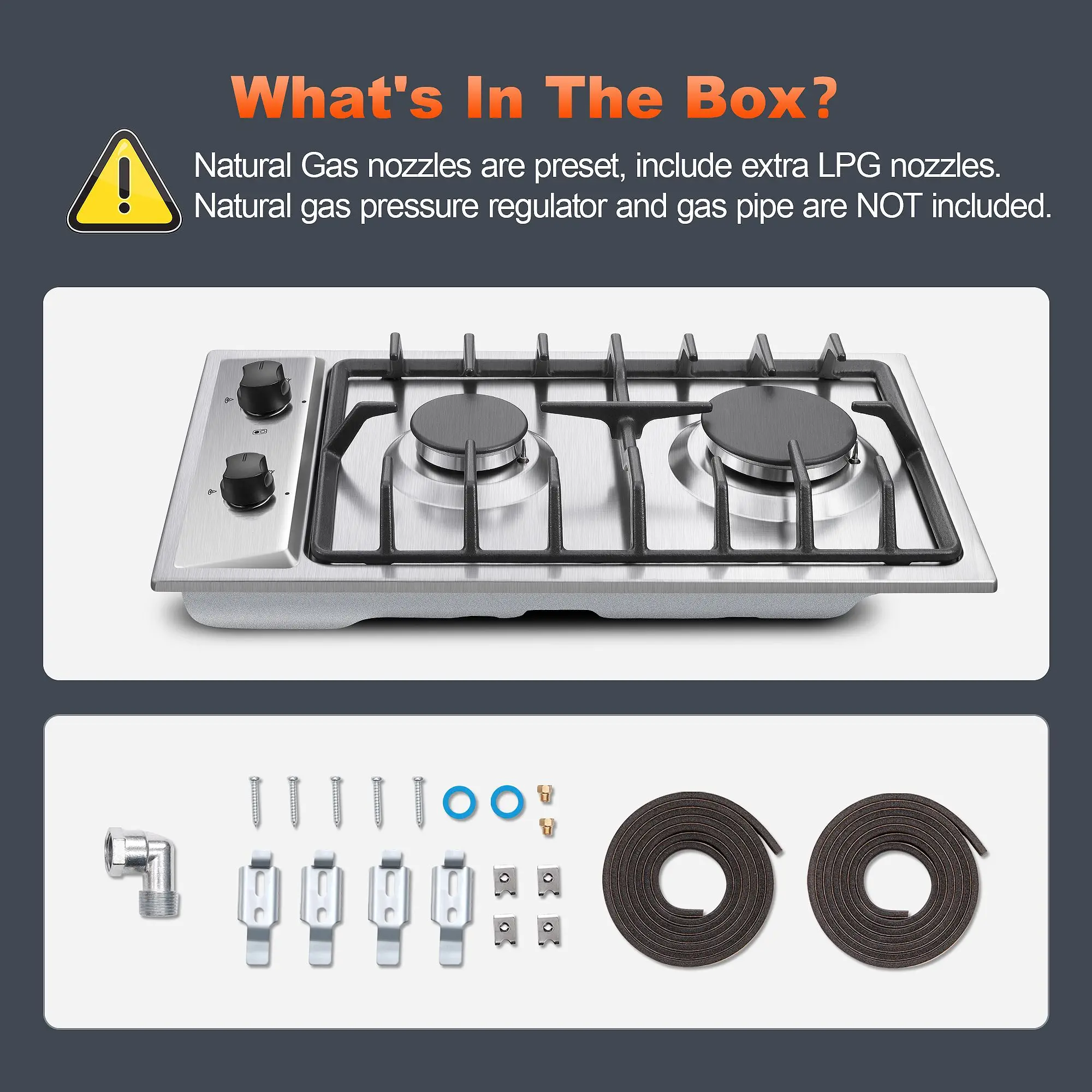 12 Inch 2-Burner Dual Fuel NG/LPG Gas Stove | Built-in for RV, Camping & Kitchen | Thermocouple Protection | Stainless Steel