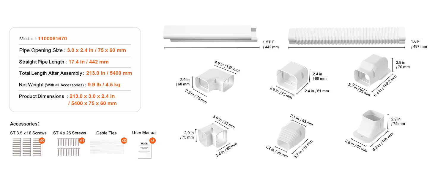 SucceBuy Mini Split Line Set Cover PVC Decorative Pipe Line Cover For Air Conditioner Easy to Install Paintable for Heat Pump