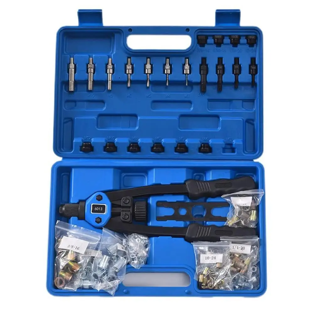 150PCS Professional Hand Rivnut Nut Thread Riveter Gun Repair Tool Set, 13” Rivnut Tool Kit with 11 Metric and SAE Mandrels