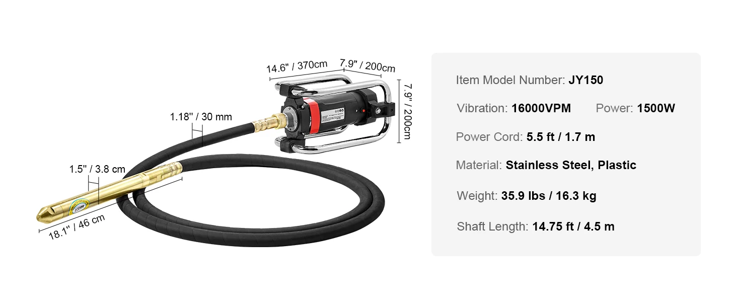 SucceBuy Electric Concrete Vibrator 1300W 16000 VPM 2HP Copper Motor Handheld Portable Pencil Remove Air Bubble and Level
