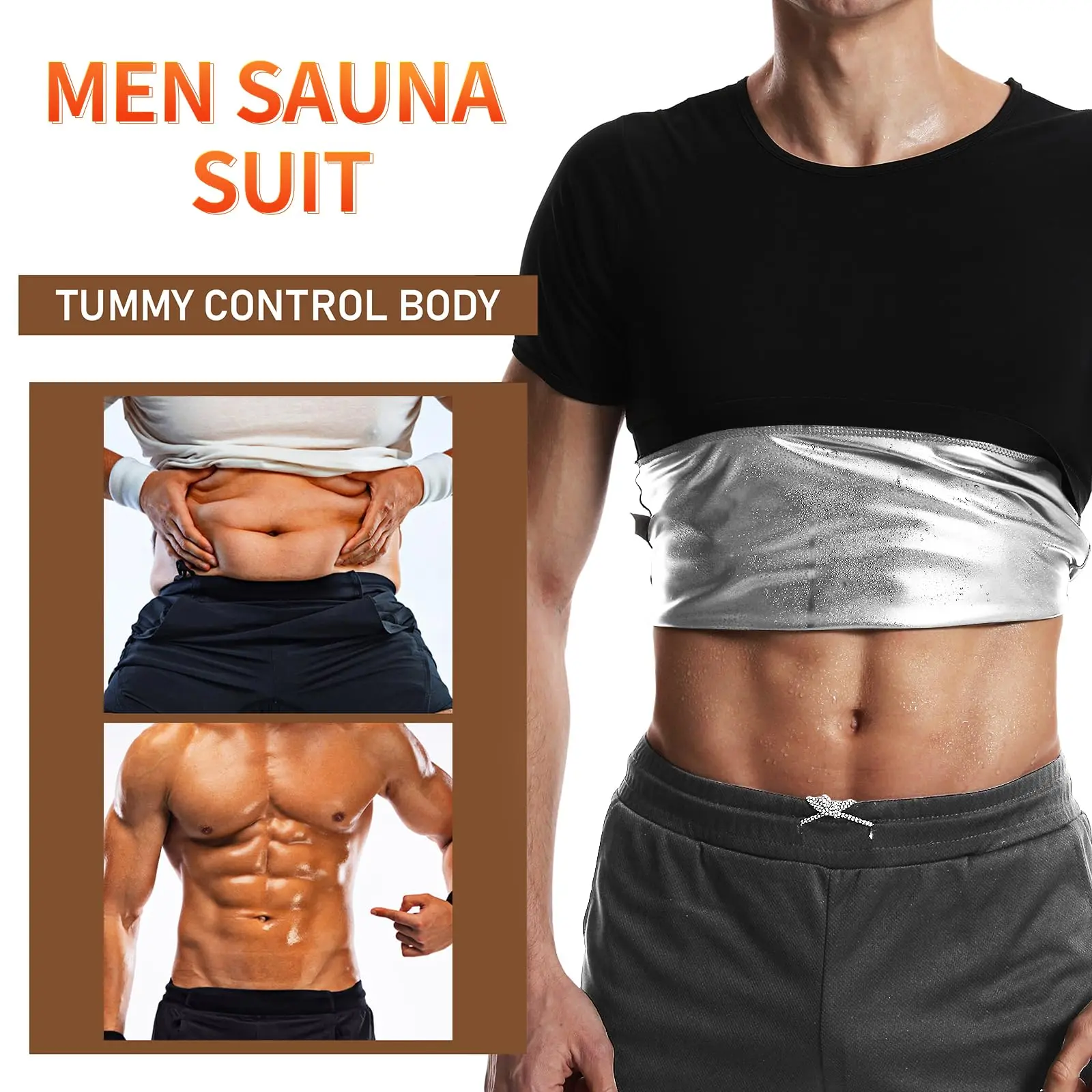 Pop Closets Sauna Shirt for Men Sweat Suit Short Sleeve Compression T-Shirt Weight Loss Body Shaper Shirts for Workout Sports