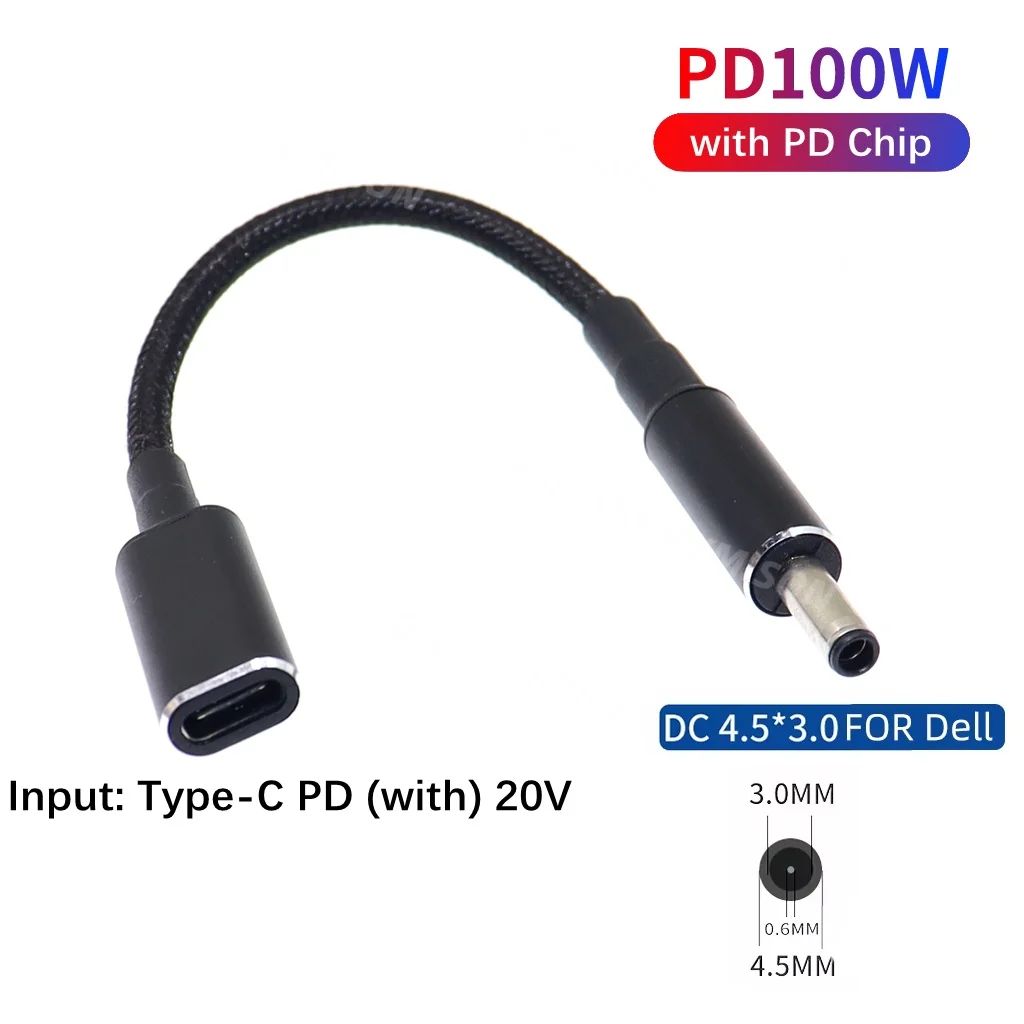 Type C to 4.5x3.0mm Plug Converter 100W USB C PD Fast Charging Cable for HP / Dell Laptop Charger DC 4.5*3.0