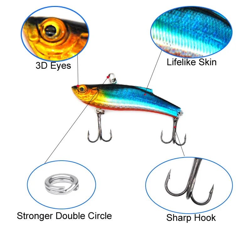 1 PCS 7 CM / 17.8g Winter Hard Sea Fishing Lure VIB 3D Bait Eyes The Swivel Diving Jig Wing Wobbler Pesca Crank Lures Swimbait
