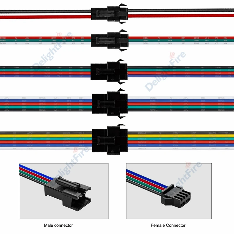 SM RGB LED Strip Connector 22 20AWG 2 3 4 5 6pin 5 10 50 100pair Male Female Wire JST Connector For 3528 5050 RGB RGBW LED Strip