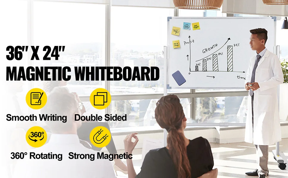 SucceBuy Mobile Magnetic Whiteboard 36 x 24 Inch Double Sided 360 Degree Reversible Rolling Dry Erase Board Height Adjustable