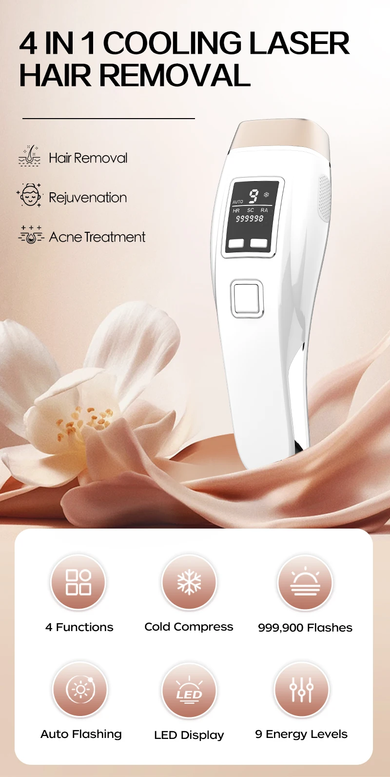 Cooling IPL Hair Removal 4in1 HR/RA/ SC 999900 Flashes Auto Operation Permanent Painless Handhold Bikini Trimmer Home Used for Women Men Epilator
