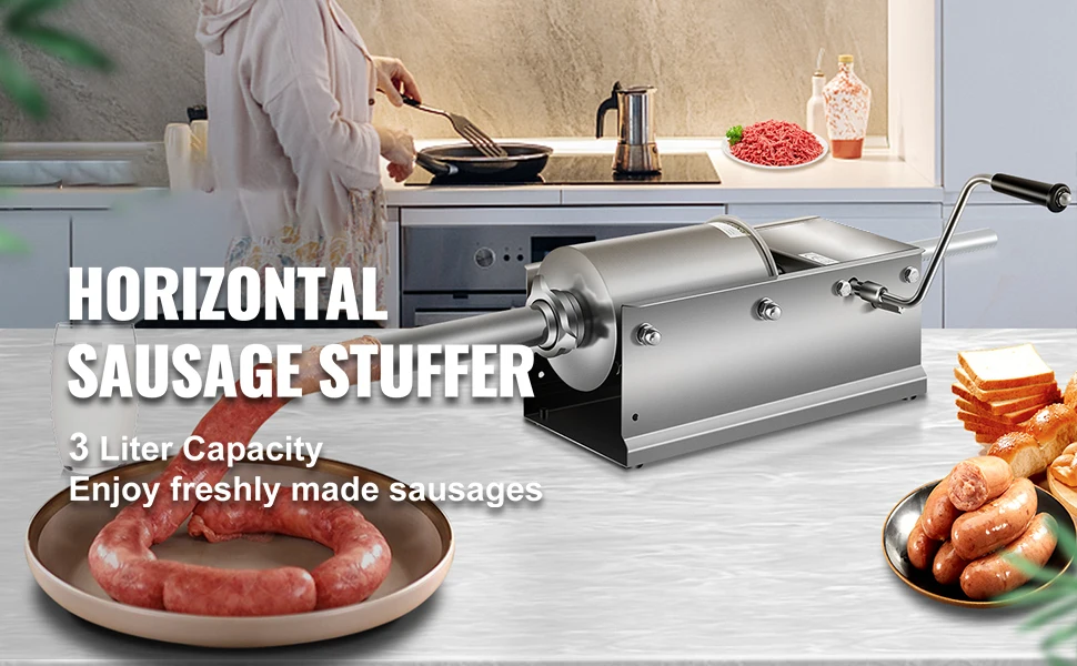 SucceBuy 3L Horizontal Sausage Stuffer Manual Sausage Maker Stainless Steel With 5 Filling Nozzles For Home & Commercial Use