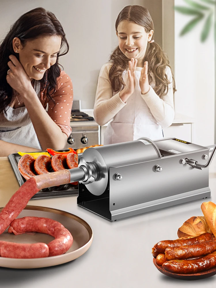 SucceBuy 3L Horizontal Sausage Stuffer Manual Sausage Maker Stainless Steel With 5 Filling Nozzles For Home & Commercial Use