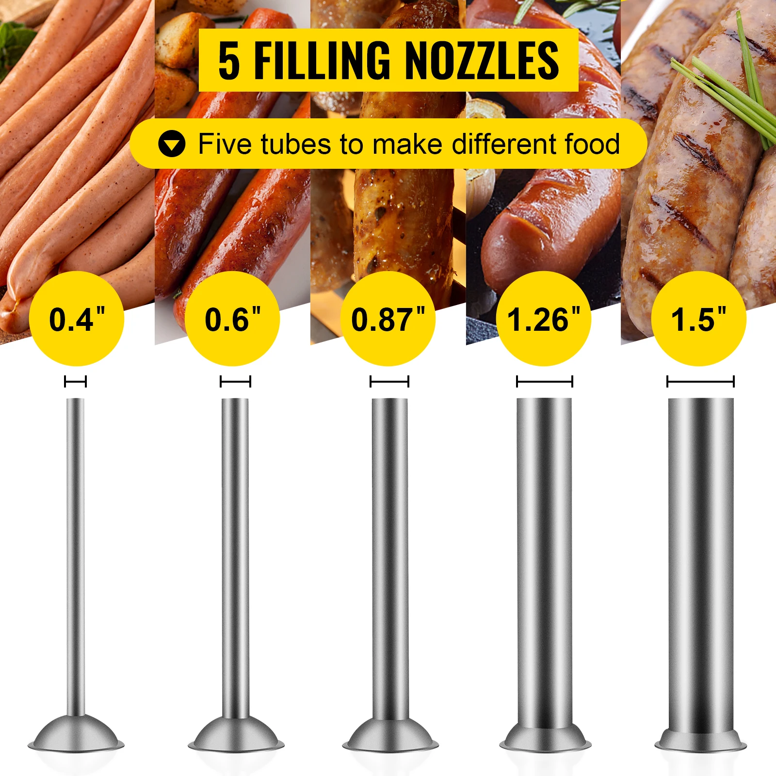 SucceBuy 3L Horizontal Sausage Stuffer Manual Sausage Maker Stainless Steel With 5 Filling Nozzles For Home & Commercial Use