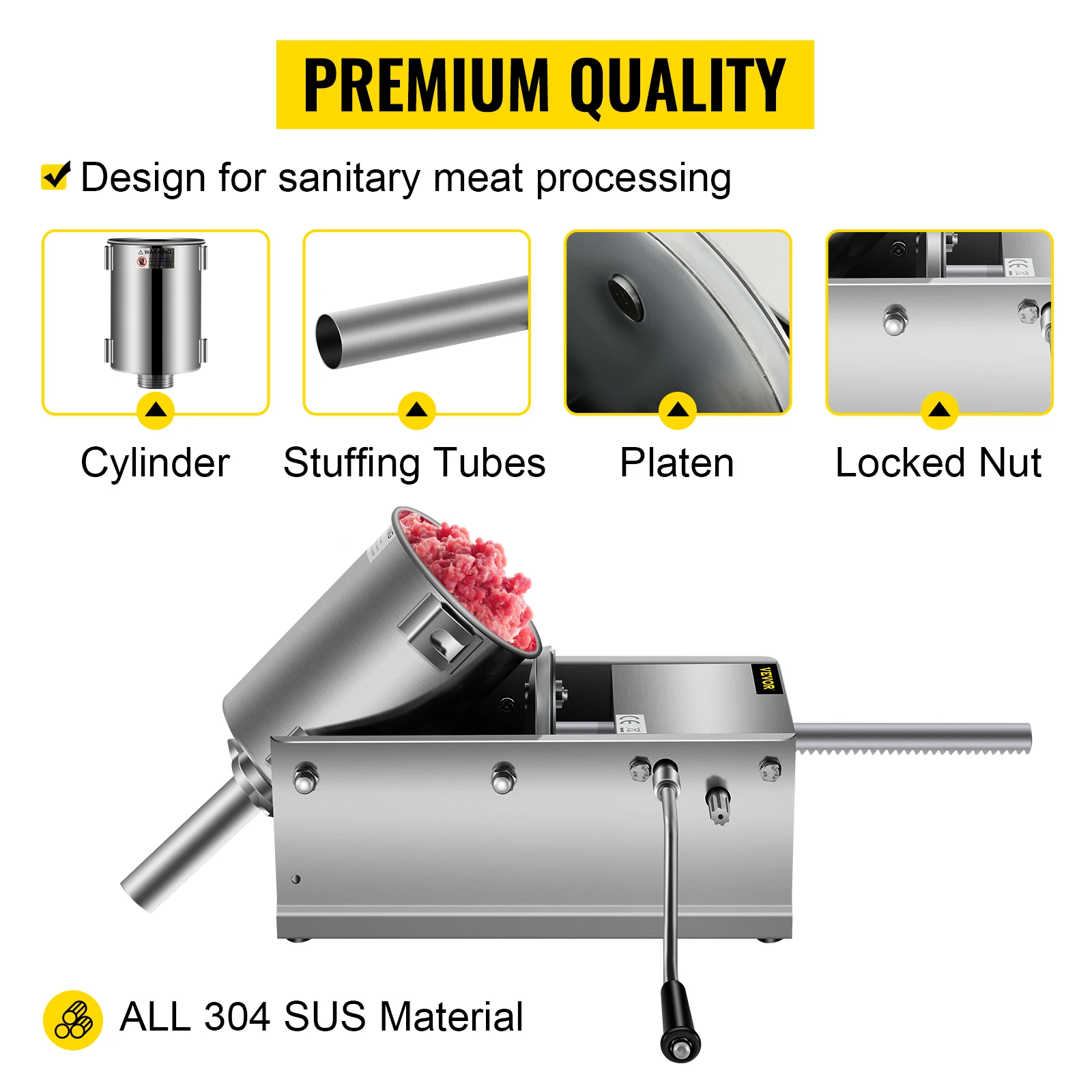 SucceBuy 3L Horizontal Sausage Stuffer Manual Sausage Maker Stainless Steel With 5 Filling Nozzles For Home & Commercial Use