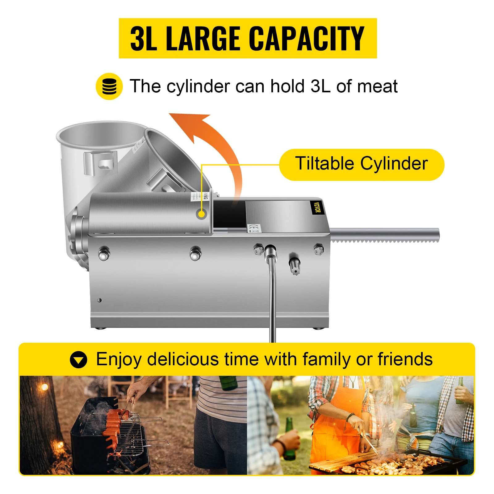 SucceBuy 3L Horizontal Sausage Stuffer Manual Sausage Maker Stainless Steel With 5 Filling Nozzles For Home & Commercial Use