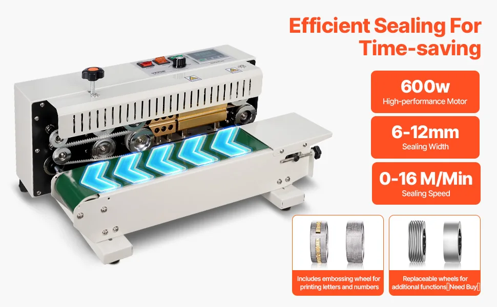 SucceBuy Horizontal Bag Band Sealing Machine Continuous Band Sealer Machine Carbon Steel for 0.02-0.8 mm Plastic Bags Films
