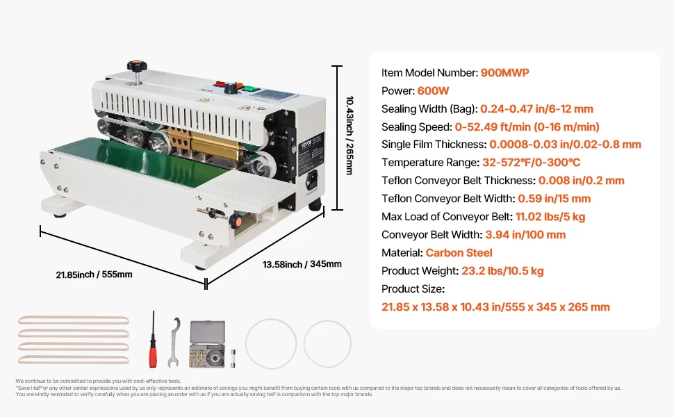 SucceBuy Horizontal Bag Band Sealing Machine Continuous Band Sealer Machine Carbon Steel for 0.02-0.8 mm Plastic Bags Films