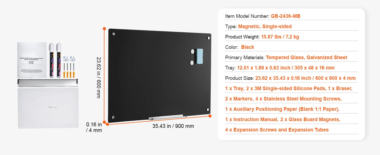 SucceBuy Magnetic Glass Whiteboard 36"x24"/48"x32"/72"x36" Dry Erase Board Wall-Mount Large Frameless Glassboard for School Office