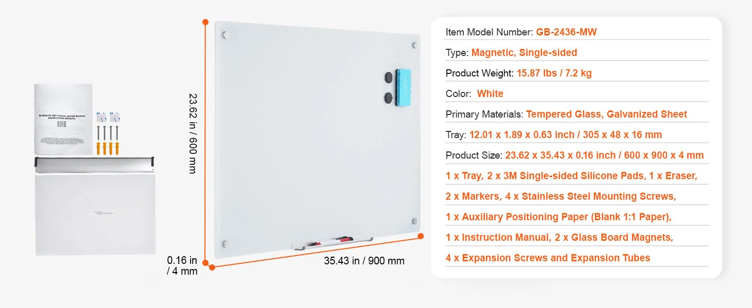 SucceBuy Magnetic Glass Whiteboard 36"x24"/48"x32"/72"x36" Dry Erase Board Wall-Mount Large Frameless Glassboard for School Office