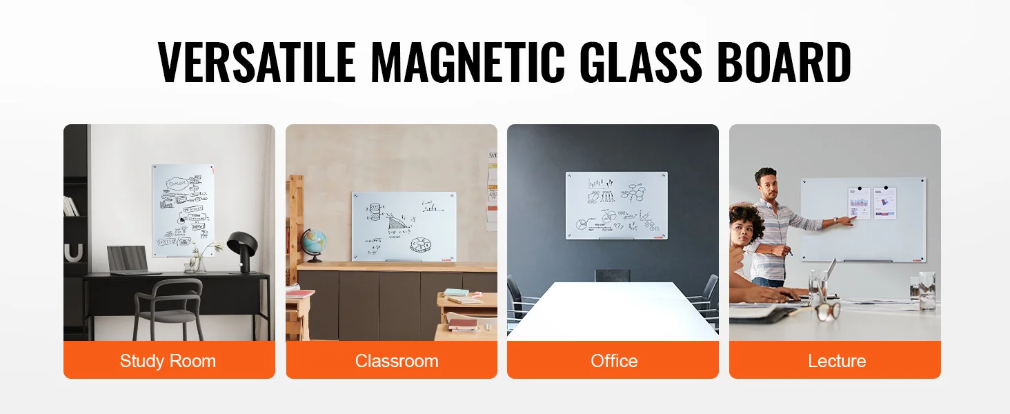 SucceBuy Magnetic Glass Whiteboard 36"x24"/48"x32"/72"x36" Dry Erase Board Wall-Mount Large Frameless Glassboard for School Office