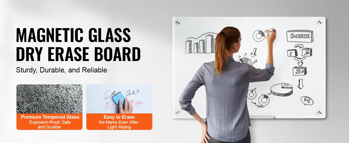 SucceBuy Magnetic Glass Whiteboard 36"x24"/48"x32"/72"x36" Dry Erase Board Wall-Mount Large Frameless Glassboard for School Office