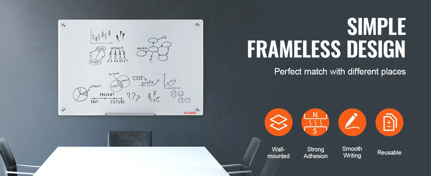 SucceBuy Magnetic Glass Whiteboard 36"x24"/48"x32"/72"x36" Dry Erase Board Wall-Mount Large Frameless Glassboard for School Office