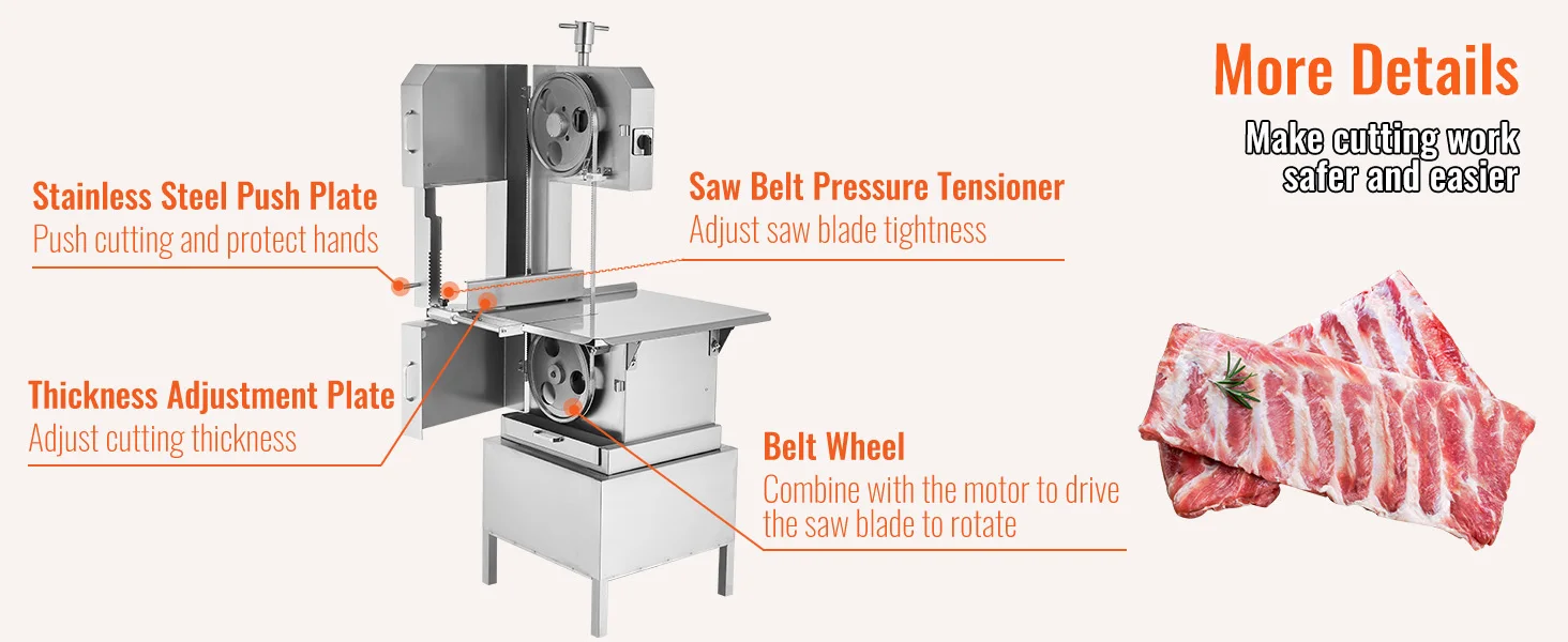 SucceBuy Commercial Electric Meat Bandsaw Stainless Steel Vertical Bone Sawing Frozen Meat Cutter with 6 Blades for Pork Beef