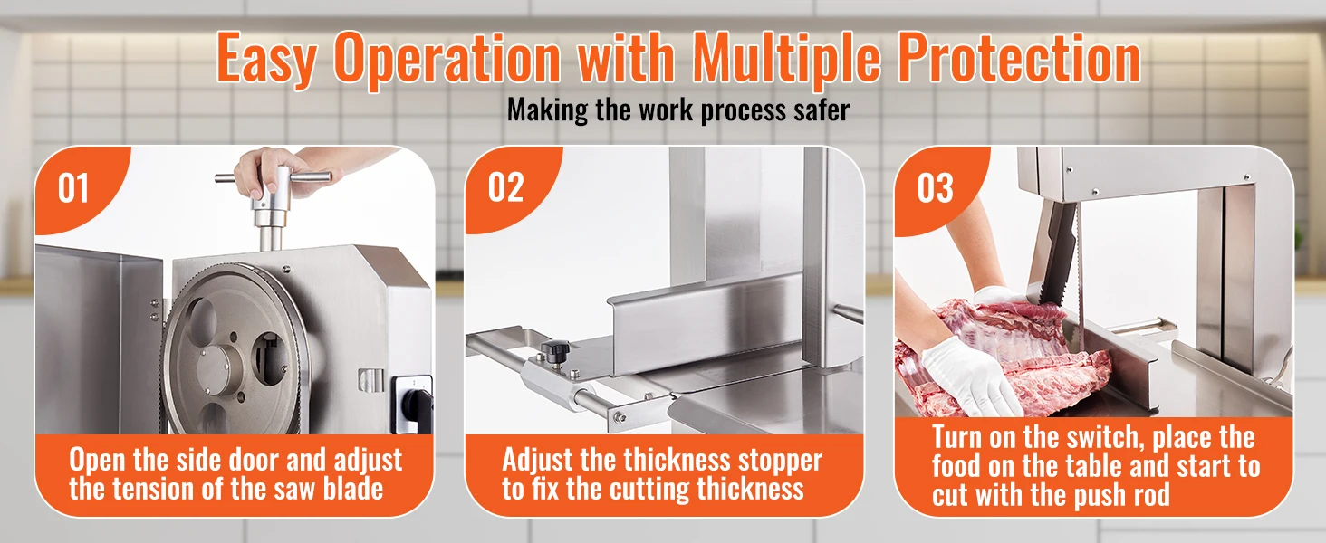 SucceBuy Commercial Electric Meat Bandsaw Stainless Steel Vertical Bone Sawing Frozen Meat Cutter with 6 Blades for Pork Beef