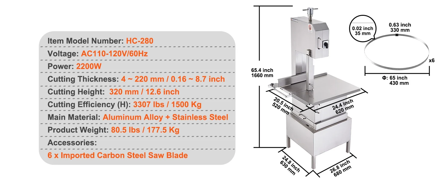 SucceBuy Commercial Electric Meat Bandsaw Stainless Steel Vertical Bone Sawing Frozen Meat Cutter with 6 Blades for Pork Beef