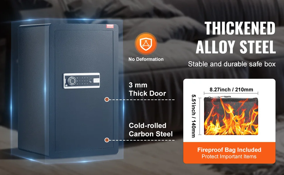 SucceBuy Single Door 4.0 cu.ft Safe Box w/ Key Lock Password & Fingerprint Safe Lock Box with Fireproof Bag Key Rack & LED Light
