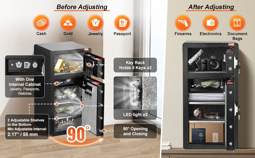 SucceBuy Single Door 4.0 cu.ft Safe Box w/ Key Lock Password & Fingerprint Safe Lock Box with Fireproof Bag Key Rack & LED Light