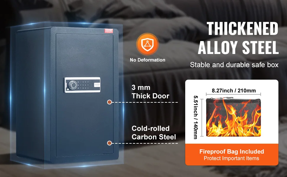 SucceBuy Single Door 4.0 cu.ft Safe Box w/ Key Lock Password & Fingerprint Safe Lock Box with Fireproof Bag Key Rack & LED Light