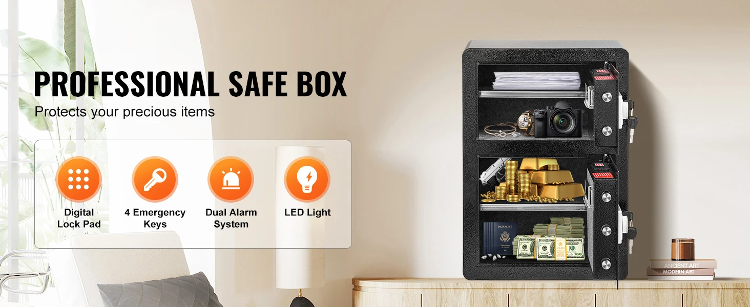 SucceBuy Single Door 4.0 cu.ft Safe Box w/ Key Lock Password & Fingerprint Safe Lock Box with Fireproof Bag Key Rack & LED Light