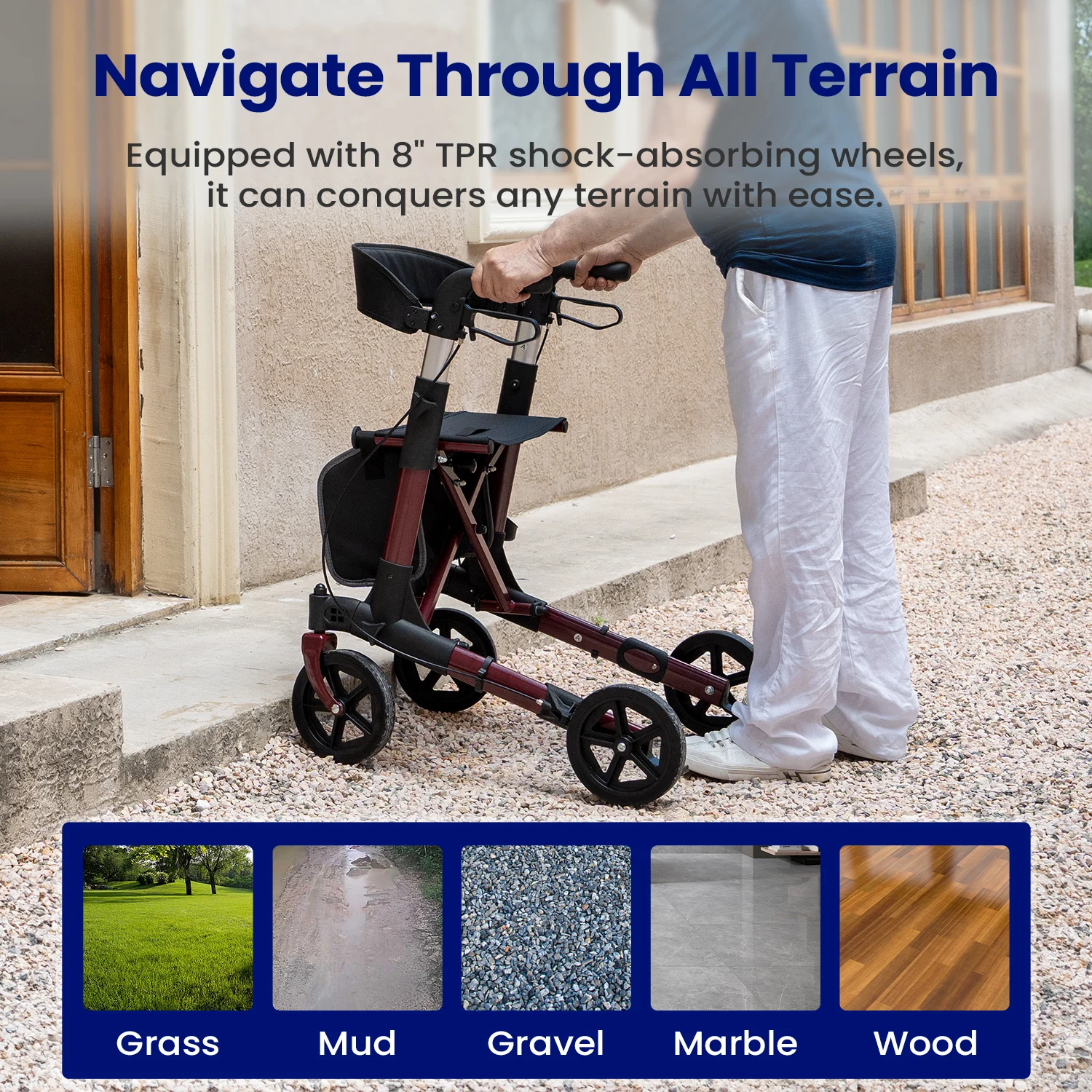 Foldable Rollator Walker With Seat, Walker For Seniors With Durable Aluminum, 8" Big Wheels For All Terrain