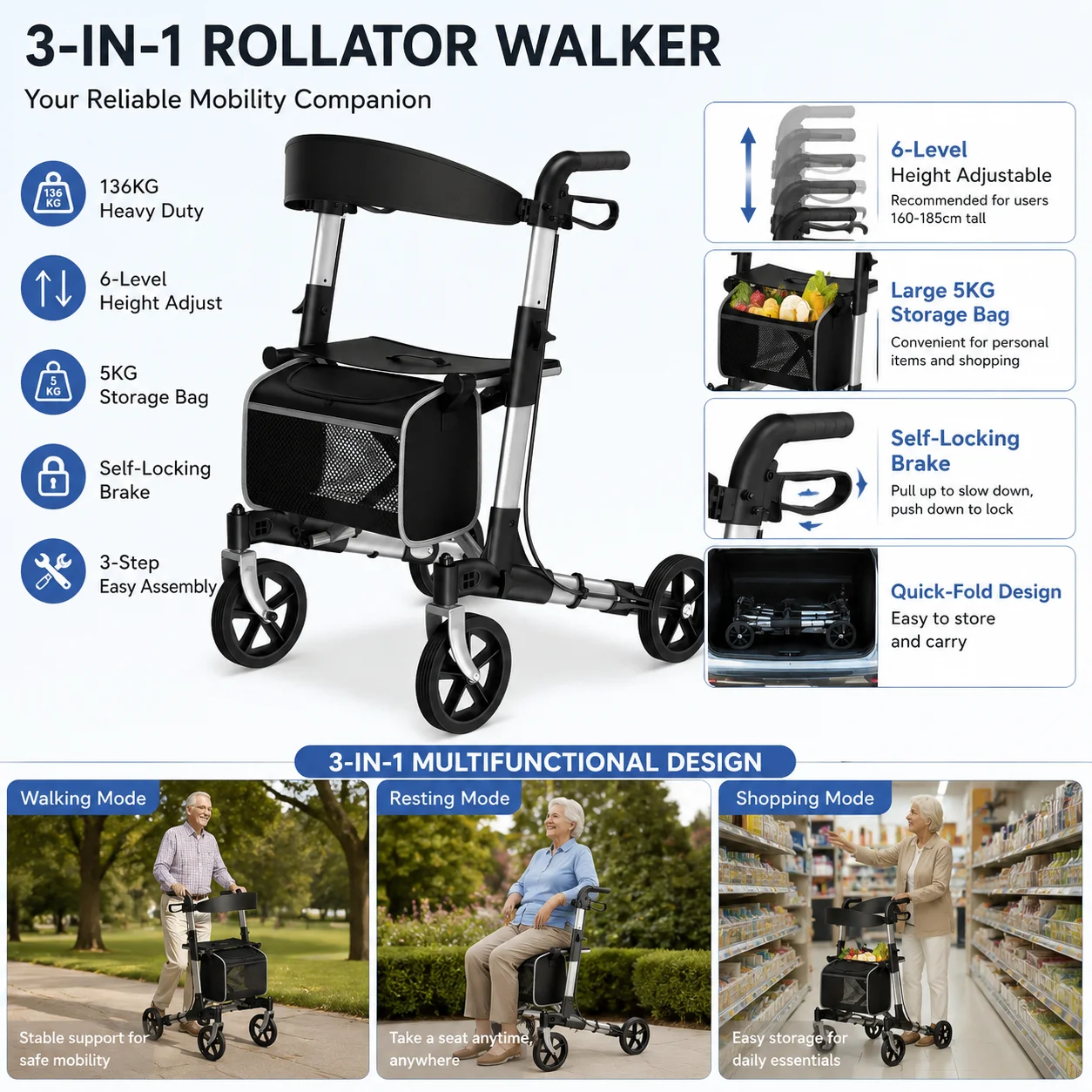 Foldable Rollator Walker With Seat, Walker For Seniors With Durable Aluminum, 8" Big Wheels For All Terrain