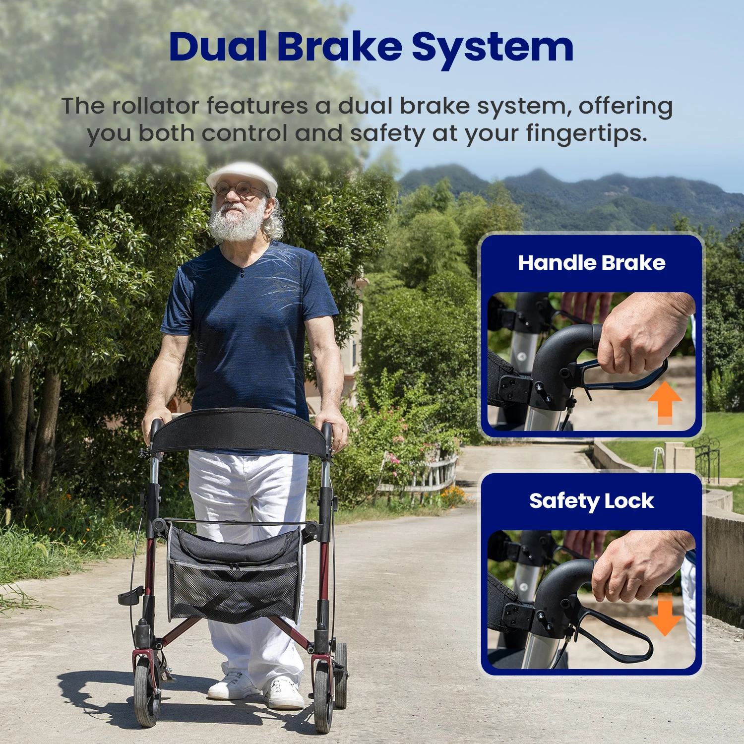 Foldable Rollator Walker With Seat, Walker For Seniors With Durable Aluminum, 8" Big Wheels For All Terrain