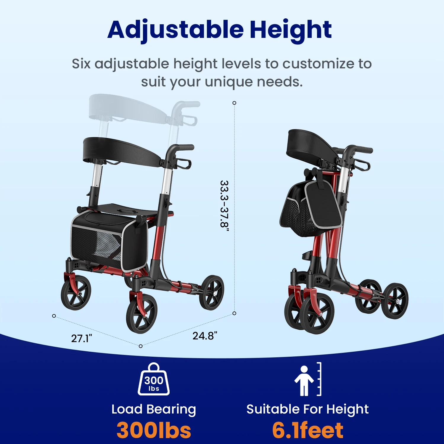Foldable Rollator Walker With Seat, Walker For Seniors With Durable Aluminum, 8" Big Wheels For All Terrain
