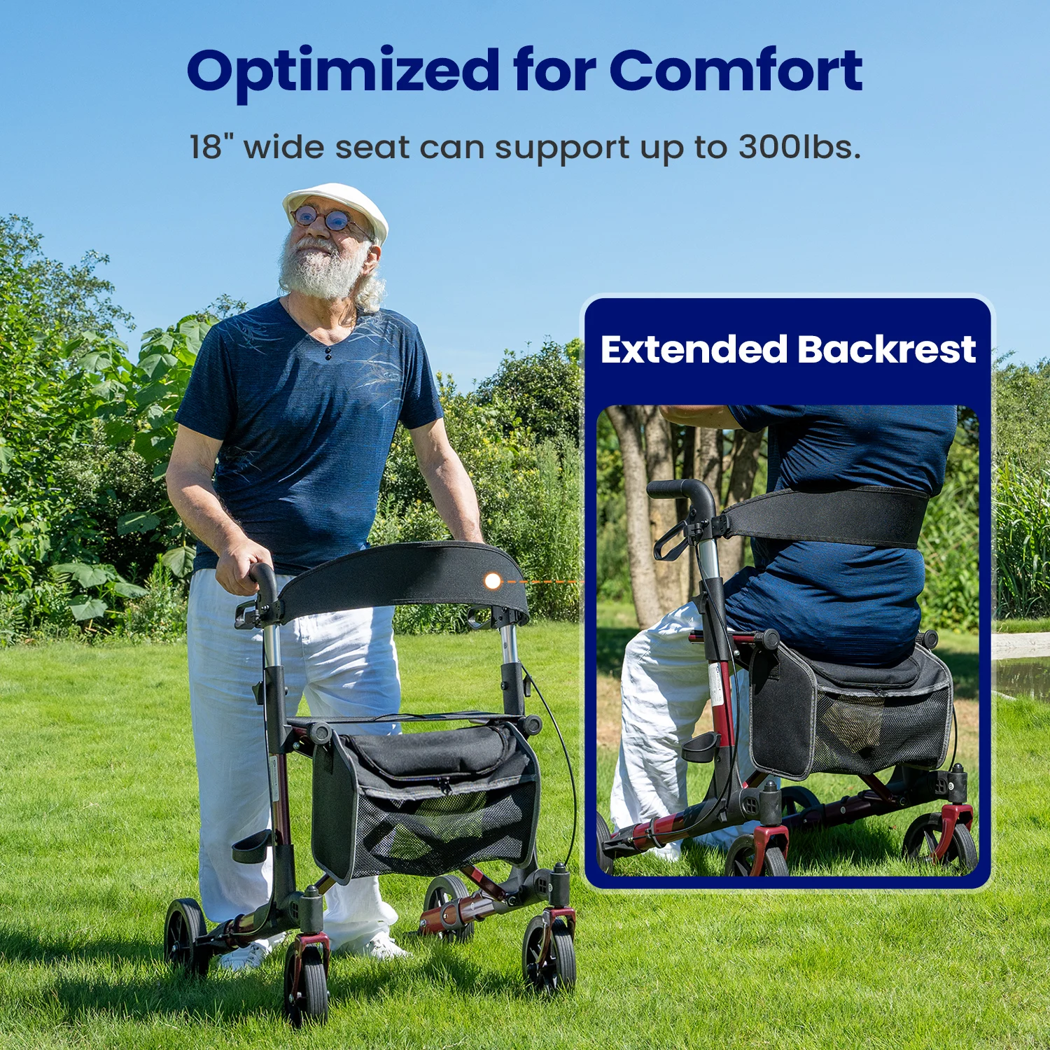 Foldable Rollator Walker With Seat, Walker For Seniors With Durable Aluminum, 8" Big Wheels For All Terrain