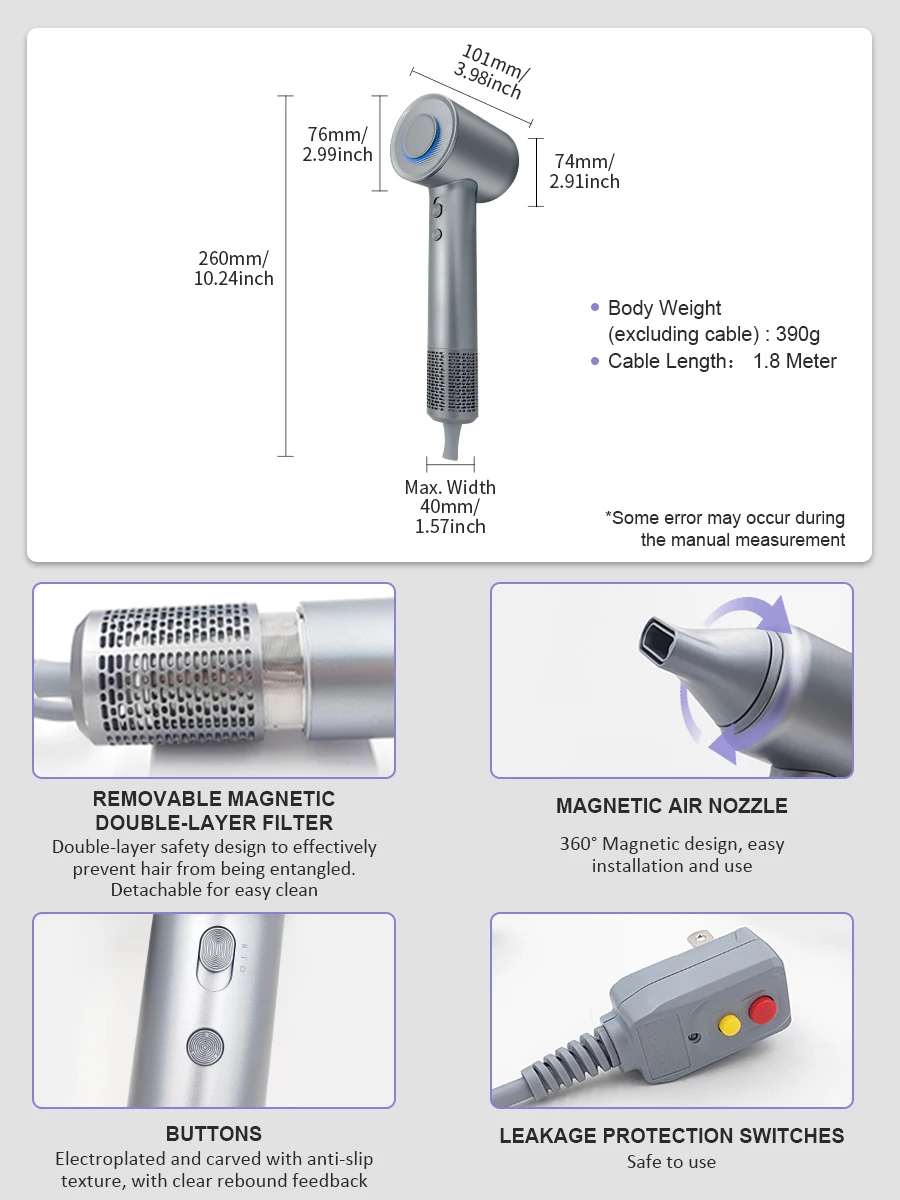 Professional Hair Dryer High-Speed 110V Personal Blower Hair Care Styling Negative Ion Tool Magnetic Nozzle Fast Hair Blow Dryer