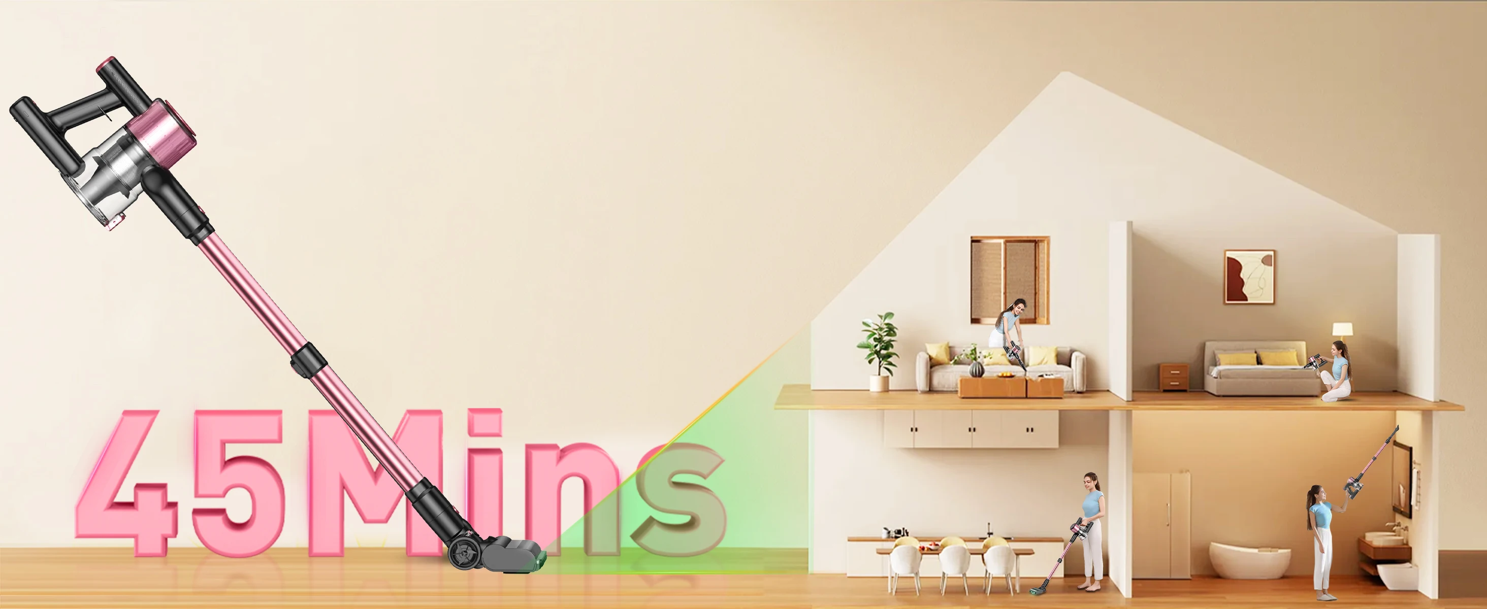 Cordless Vacuum Cleaner, 55Kpa/600W/45min 10 in 1 Powerful Stick Vacuum Cleaner for Home Pet Hair/Hard Floor/Carpet