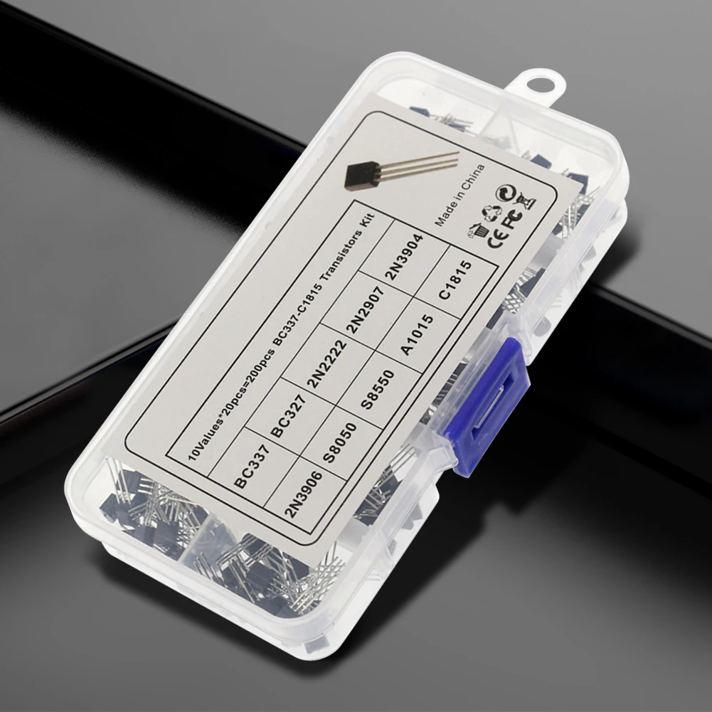 200PCS Transistor Kit Assortment Box 10 Values TO-92 2N2222 2N2907 2N3904 2N3906 S8050 S8550 A1015 C1815