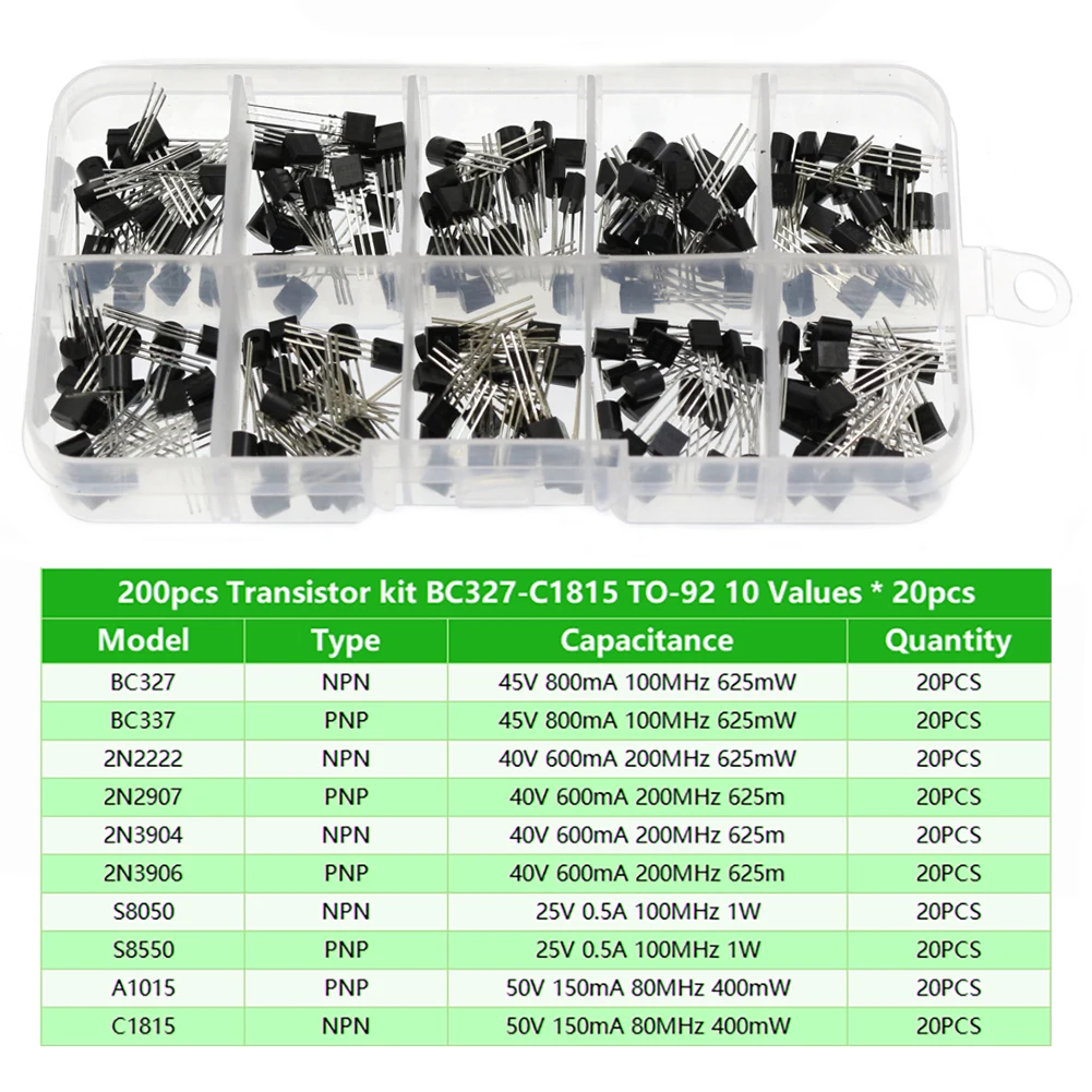 200PCS Transistor Kit Assortment Box 10 Values TO-92 2N2222 2N2907 2N3904 2N3906 S8050 S8550 A1015 C1815