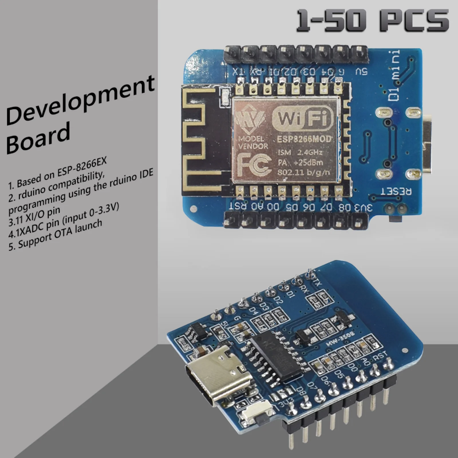 50-1PCS ESP-12F ESP8266 D1 Mini WIFI Development Board NodeMCU Lua IOT Wifi Welded Boards Type-C Interface Soldered Pin Module