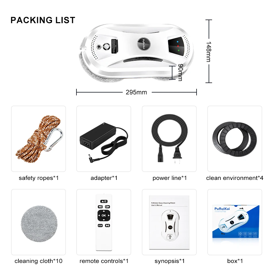 PuRuiKai AI Window Cleaning Robot Smart Automatic Cleaner Streak-Free for Windows/Tiles/Glass Doors Self-Cleaning Ultra Quiet