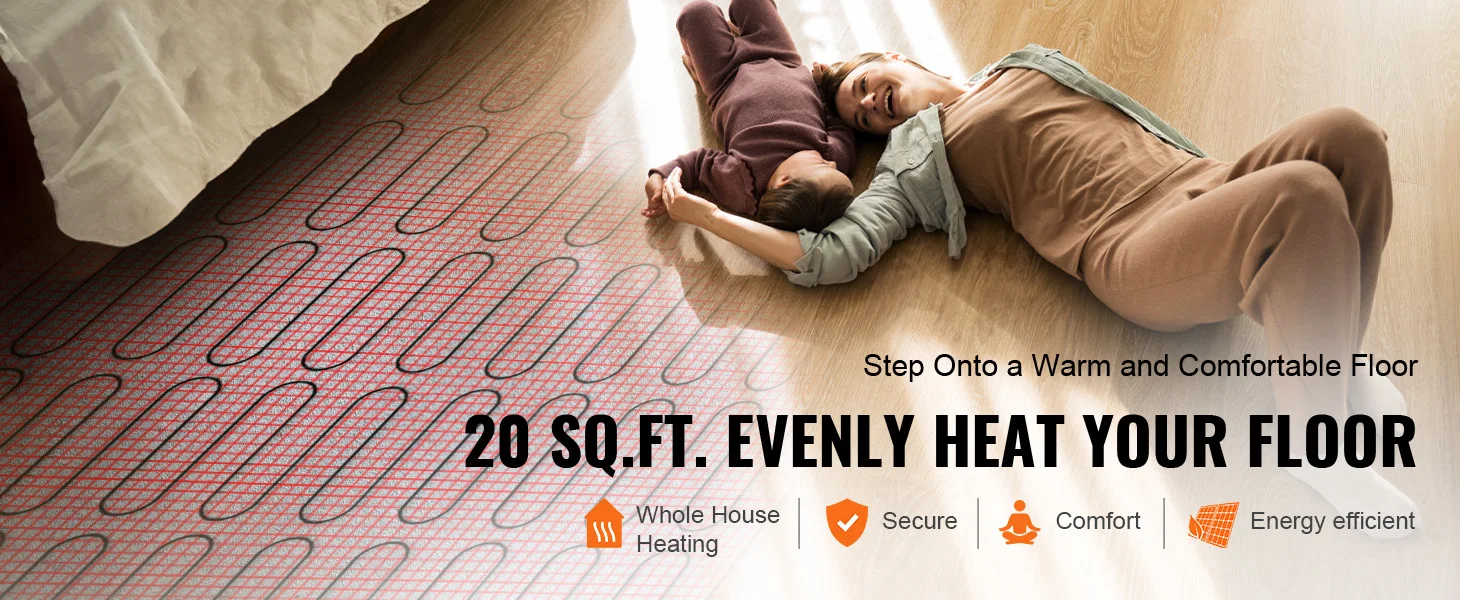 SucceBuy Floor Heating Mat 20 Sq. ft Electric Radiant In-Floor Heated Warm System Adhesive Back for Easy Installation on Floor